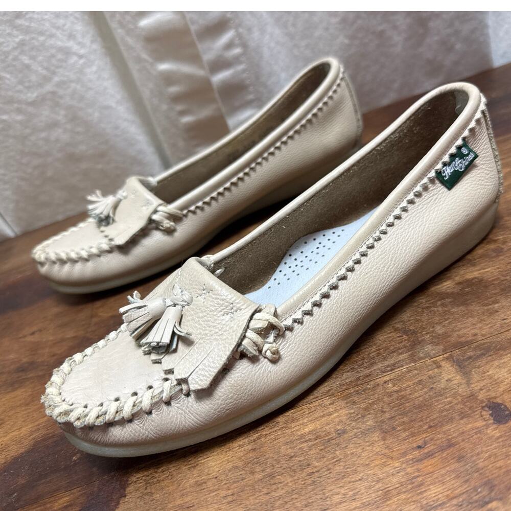 Hamp Shires Vintage Beige Comfort Slip-On Leather Moccasins Women's Size 8M